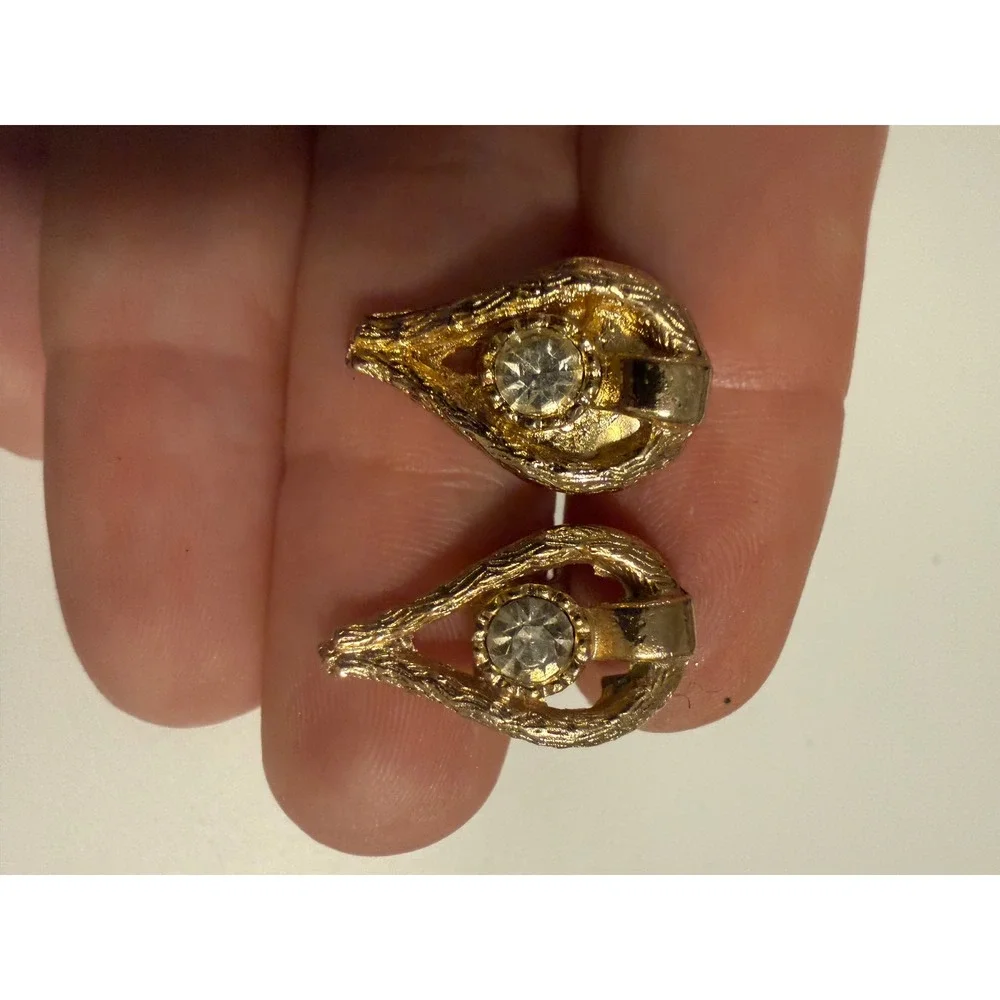 Vintage Gold Tone Rhinestone Teardrop Cufflinks Textured Mid Century Formal Wear